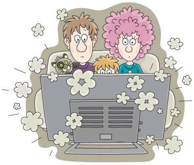 Korkmuş yüzlü bir aile savaş haberleri izliyor. Beyaz arka planda vektör karikatür çizimleri.
