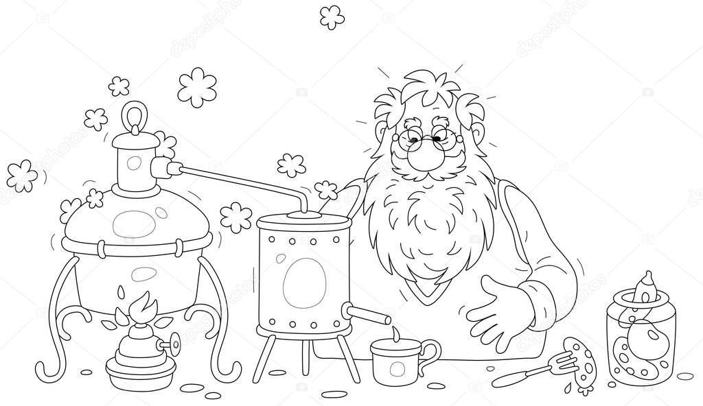 Funny old bearded scientist chemist making homemade wine spirit in his alcohol machine in merry experiment in a kitchen, black and white outline vector cartoon illustration