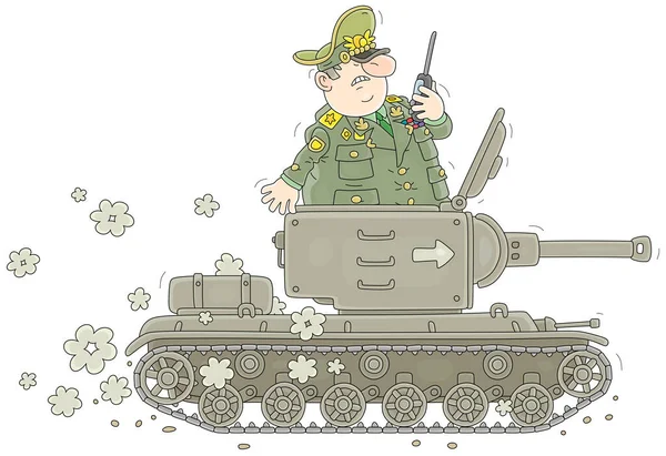 General Exército Irritado Gordo Montando Tanque Chocalho Velho Comandando Através Ilustrações De Stock Royalty-Free