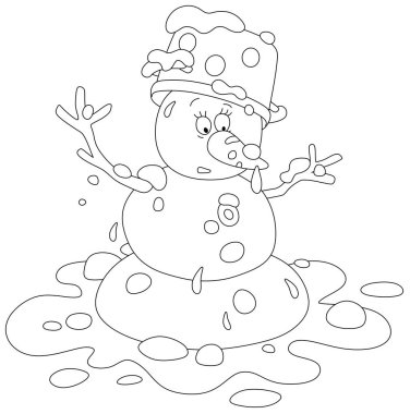 Funny toy snowman with a spotted kitchen pan and a tasty sweet carrot thawing in a puddle on a warm spring day, black and white vector cartoon for a coloring book page clipart