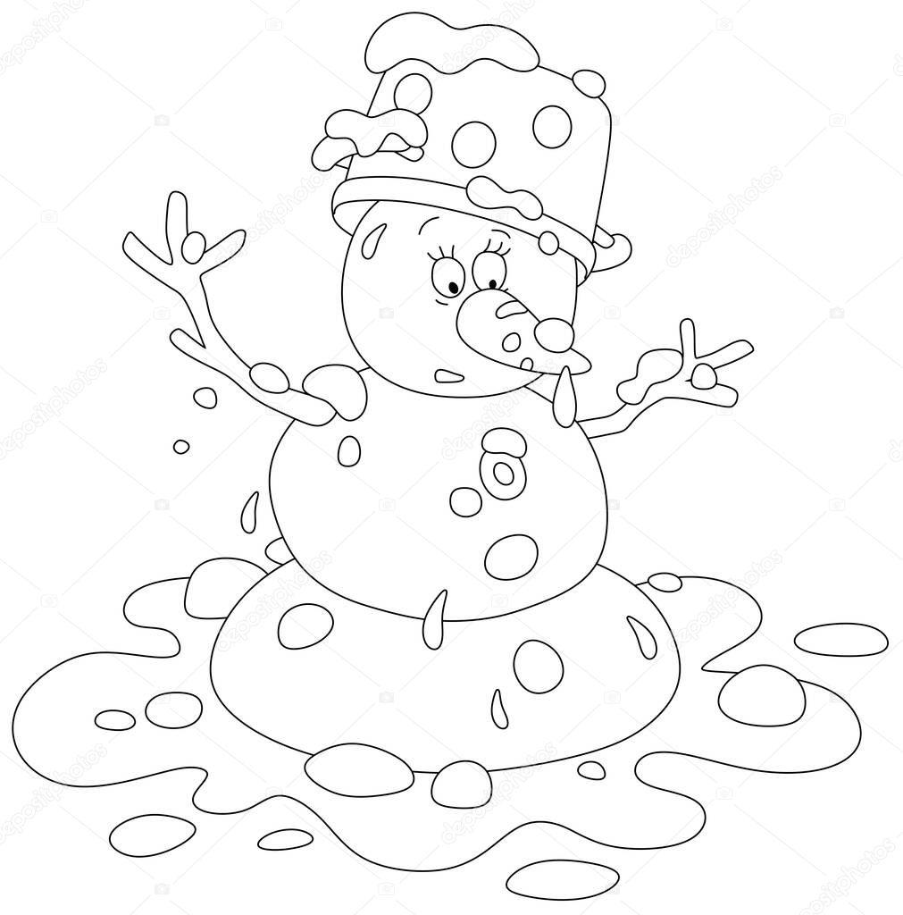 Funny toy snowman with a spotted kitchen pan and a tasty sweet carrot thawing in a puddle on a warm spring day, black and white vector cartoon for a coloring book page
