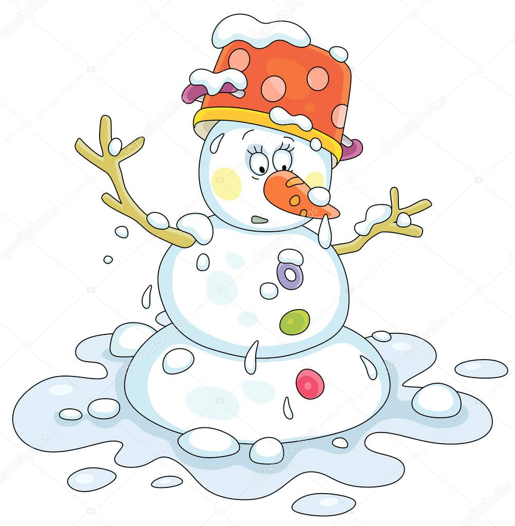 Funny toy snowman with a spotted kitchen pan and a tasty sweet carrot thawing in a puddle on a warm spring day, vector cartoon illustration isolated on a white background