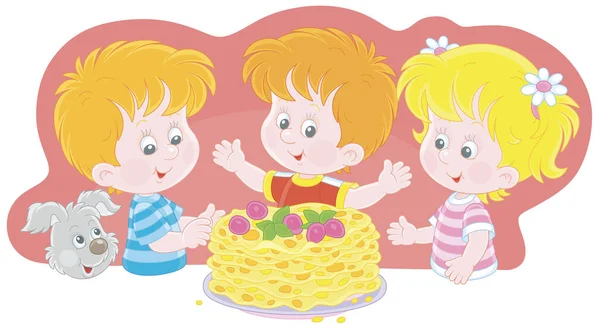 Niños Felices Con Cachorro Alegre Panqueques Recién Fritos Con Bayas — Vector de stock