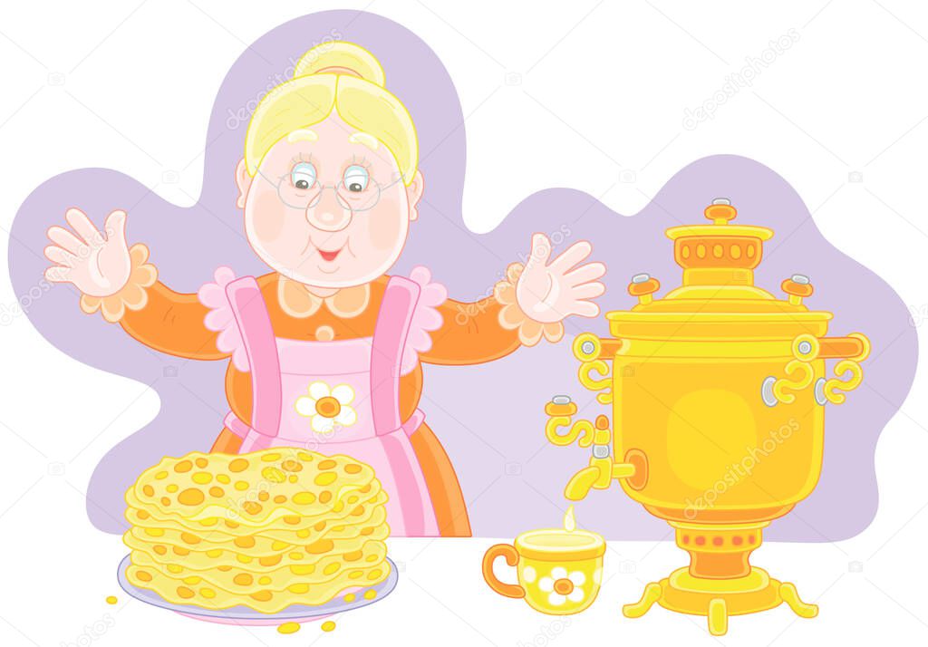 Happy granny with tasty traditional pancakes and an old village samovar for holiday tea, vector cartoon illustration isolated on a white background
