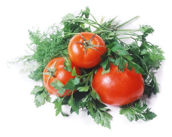 Tomaten abd tuin-spullen geïsoleerd op wit — Stockfoto