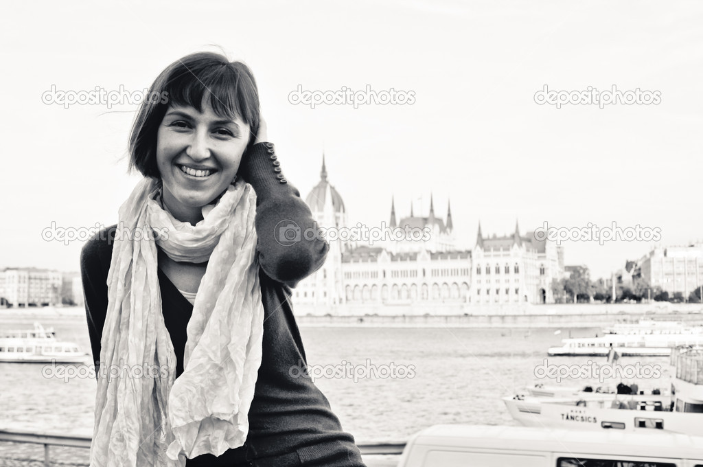Young female tourist near Hungarian Parliament