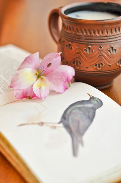 Una foto de la vendimia bodegón de flor, libro y copa —  Fotos de Stock