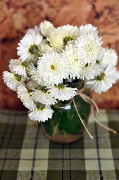 Still life of chrysanthemums in small vase. Rustic style — Stock Photo, Image