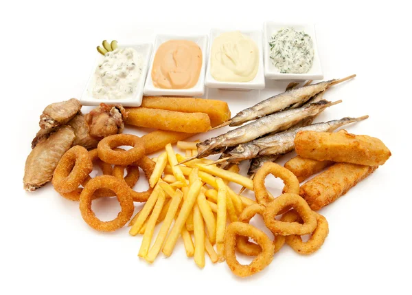 Fried snacks and dip — Stock Photo, Image