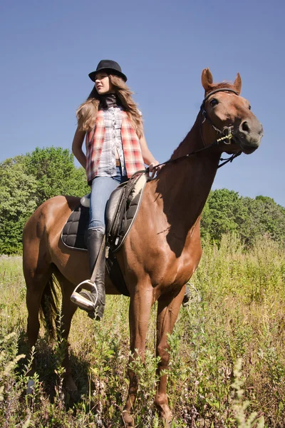 Cowgirl reitet auf einem braunen Pferd — Stockfoto