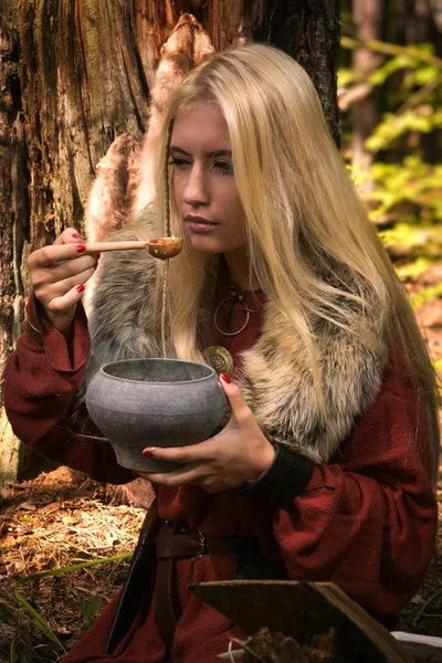 Скандинавская ведьма-питонесса готовит зелье — стоковое фото