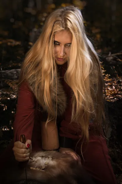 Scandinavian witch pythoness with runes — Stock Photo, Image