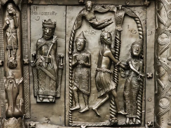Reliefs on the gate of St. Sophia Cathedral (Novgorod, Kremlin) Royalty Free Stock Images