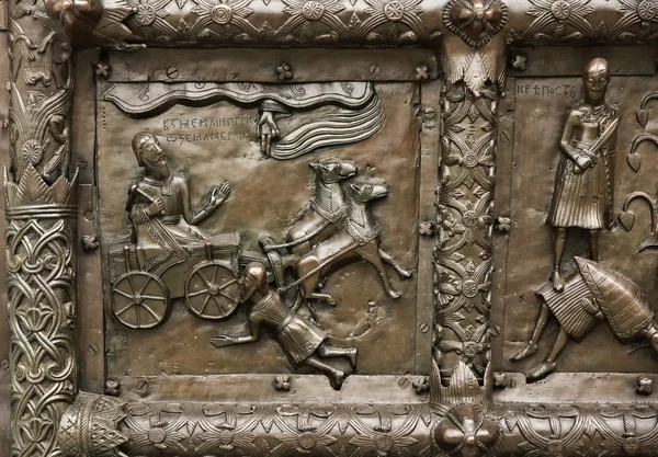 Reliefs on the gate of St. Sophia Cathedral (Novgorod, Kremlin) Stock Photo