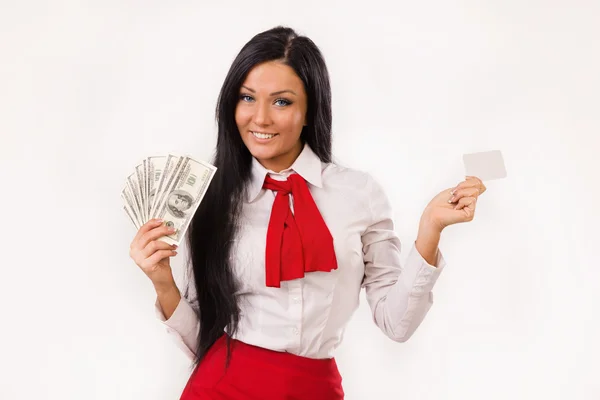 Mujer de negocios feliz con dólares y tarjeta bancaria — Foto de Stock