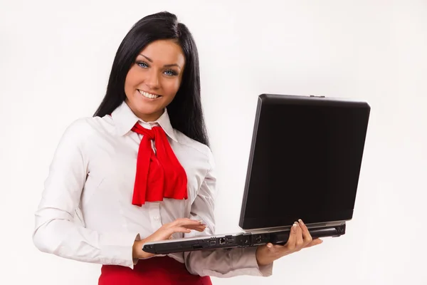 开心事业女人用的笔记本电脑 — 图库照片