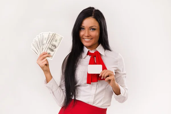 달러와 은행 카드와 함께 행복 한 비즈니스 우먼 — 스톡 사진