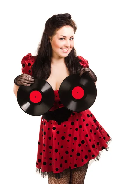 Pin-up girl with two plates — Stock Photo, Image