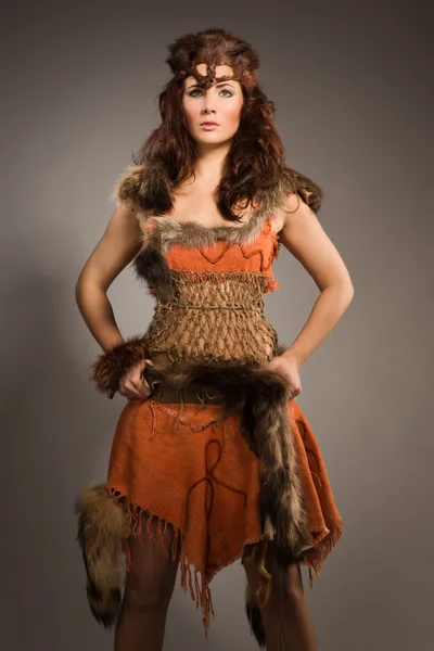 Woman in a fur suit of the amazon — Stock Photo, Image