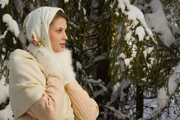 Ruské krásná dívka v zimním lese — Stock fotografie