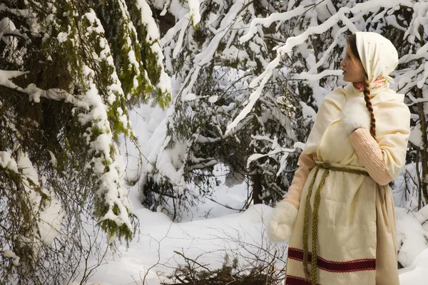Russian girl with a sled in the winter woods — Stock Image Russian girl with a sled in the winter woods Stock Photo