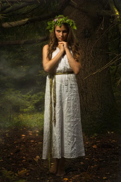 Eslavo menina na floresta profunda — Fotografia de Stock