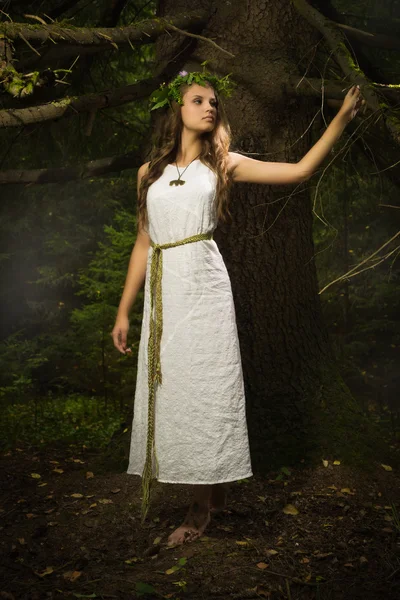 Славянская девушка в глубоком лесу — стоковое фото