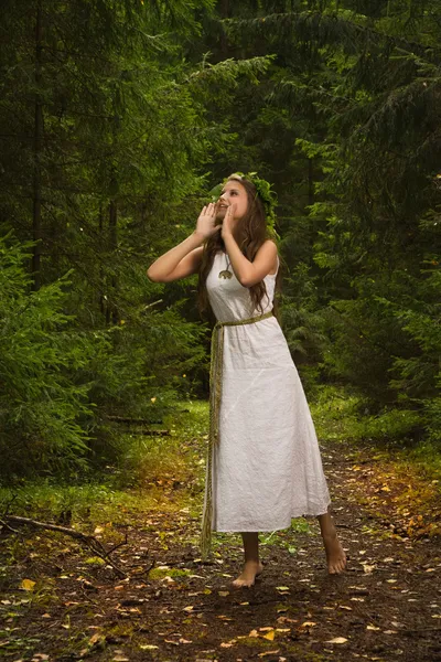 Славянская девушка в глубоком лесу — стоковое фото