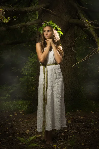 Eslavo menina na floresta profunda — Fotografia de Stock