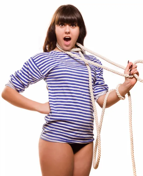 Beautiful woman sailor in pinup style strangles herself — Stock Photo, Image