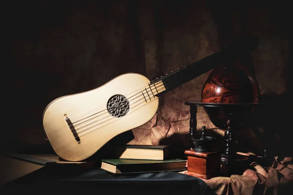 Musikalisches Stillleben Stil Der Renaissance Mit Renaissance Gitarre — Stockfoto