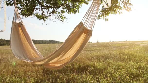 Hamaca balanceándose en el viento al atardecer — Vídeo de stock