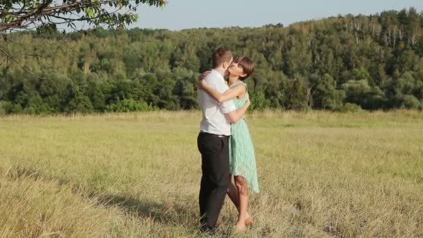 Young couple hugging on the yellow grass — Stock Video