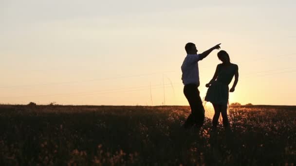 Jovens silhuetas casal dançando no campo ao pôr do sol — Vídeo de Stock