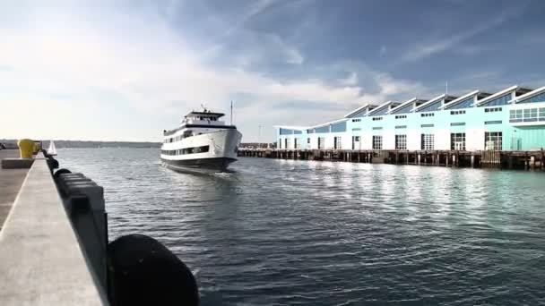 Crucero moviéndose en el puerto cerca del muelle — Vídeos de Stock