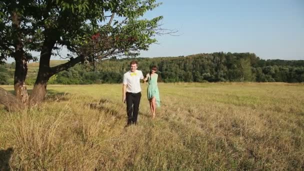 Young couple walking on the yellow grass — Stock Video