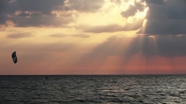 Kite surfare segla på havet i solnedgången — Stockvideo