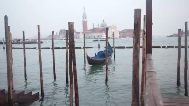 Góndolas venecianas atadas cerca del muelle en la plaza San Marco, Venecia, Italia — Vídeo de stock