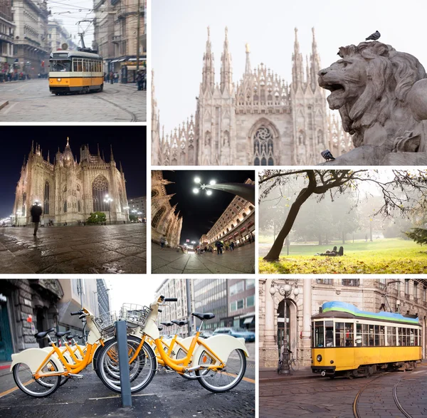 Milano streets with cathedral, vintage tram, bicycles — Stock Photo, Image