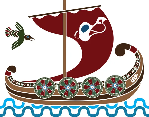 Antigua nave vikinga con escudos — Vector de stock