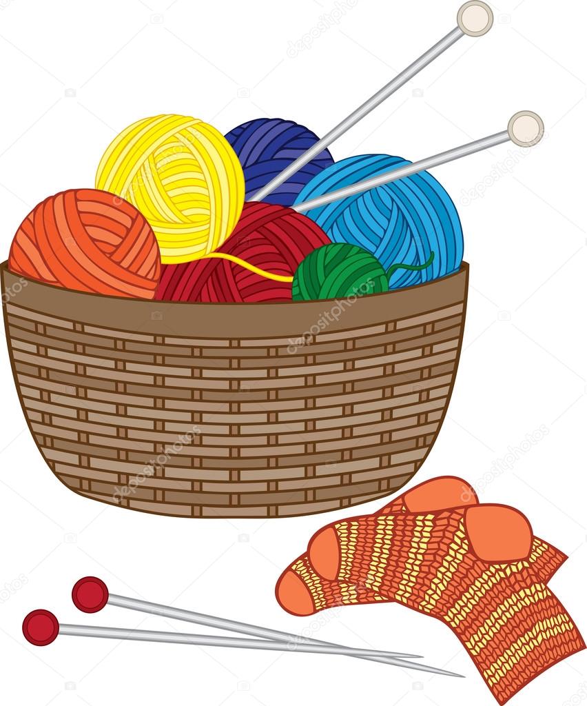 Knitting, basket with wool balls