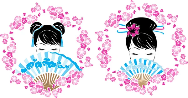 Sakura wreath with a portrait of Asian girl — Stock Vector