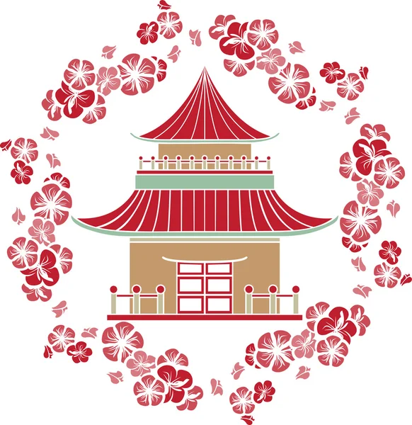 Asian House in a wreath of cherry, stencil — Stock Vector