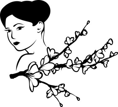 kiraz çiçeği bir dalı ile güzel bir Japon kadın