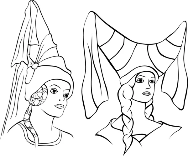 Mädchen mit mittelalterlichem Hut, zwei Porträts, Skizze — Stockvektor
