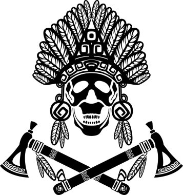 Skull in Indian headdress and crossed tomahawks clipart