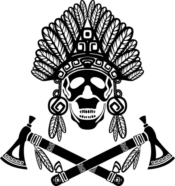 Totenkopf mit indischer Kopfbedeckung und gekreuzten Tomahawks — Stockvektor