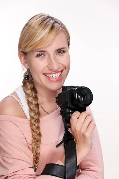 Photographer with photo camera on white — Stok Foto