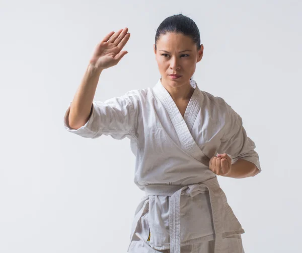 Woman show block in martial art exercise — Stock Photo, Image