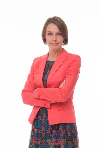 Woman in red suit on white — Stock Photo, Image